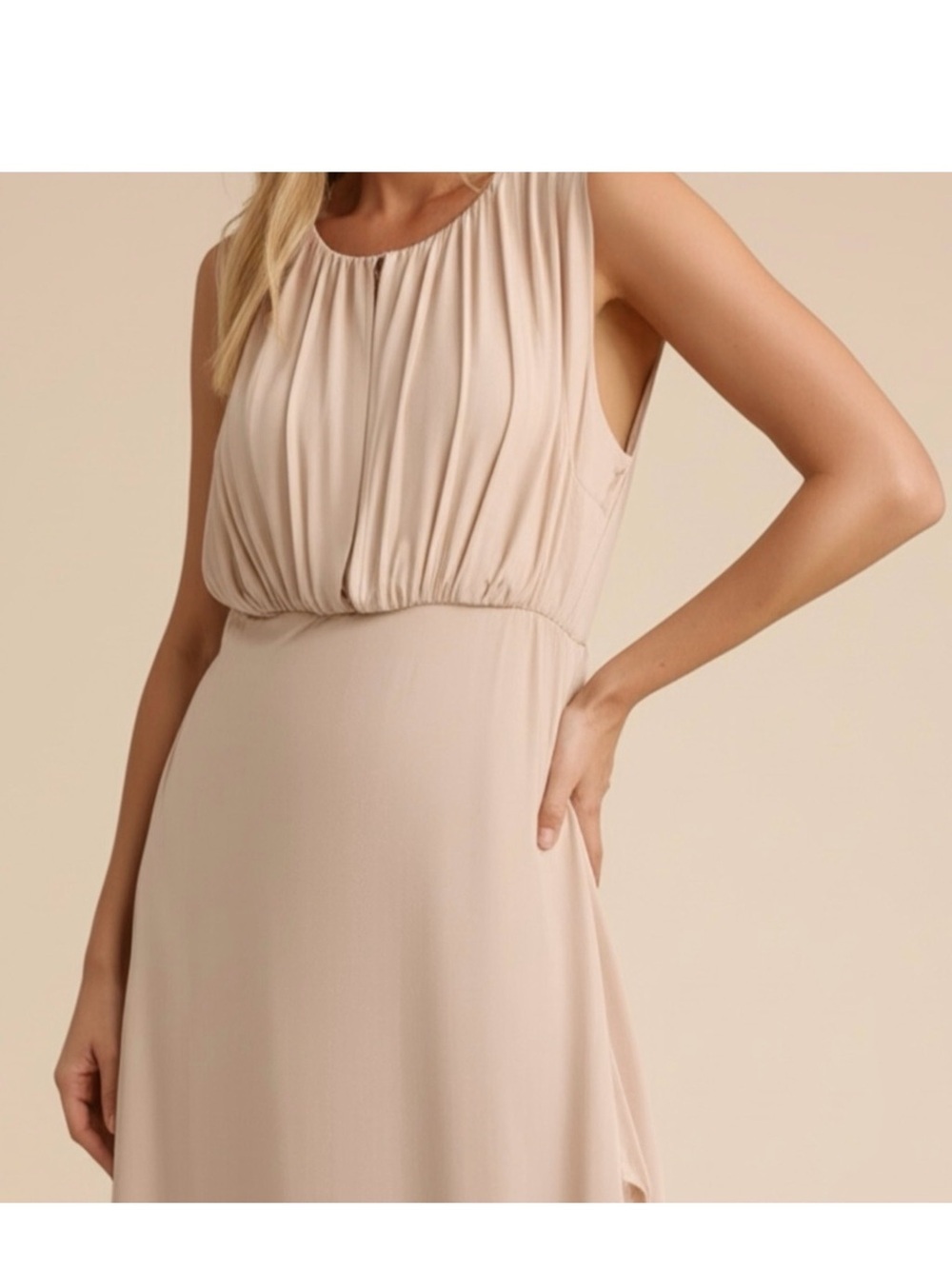 L’AGENCE 100% Pur Amour Ruffle Midi Dress – Nude Beige, Romantic & Refined